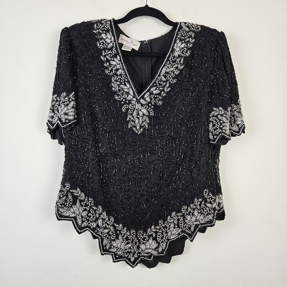 Laurence Kazar Top Women's Blouse Black Silk Beaded Scalloped hem Silver Black